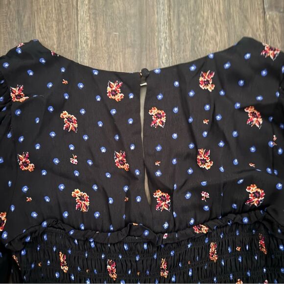 Free People Two Faces Black Smocked Floral Square Neck Mini Dress XS - Picture 7 of 8
